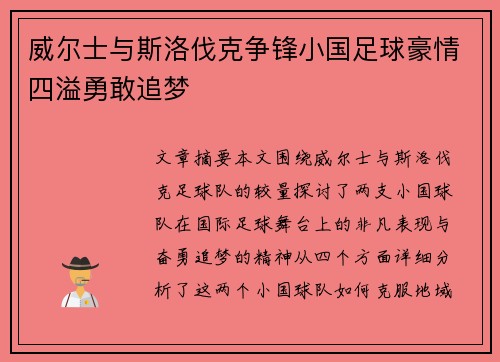 威尔士与斯洛伐克争锋小国足球豪情四溢勇敢追梦