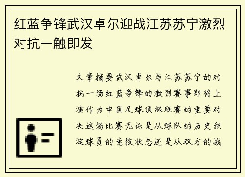 红蓝争锋武汉卓尔迎战江苏苏宁激烈对抗一触即发