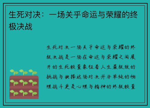 生死对决：一场关乎命运与荣耀的终极决战