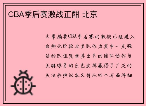 CBA季后赛激战正酣 北京